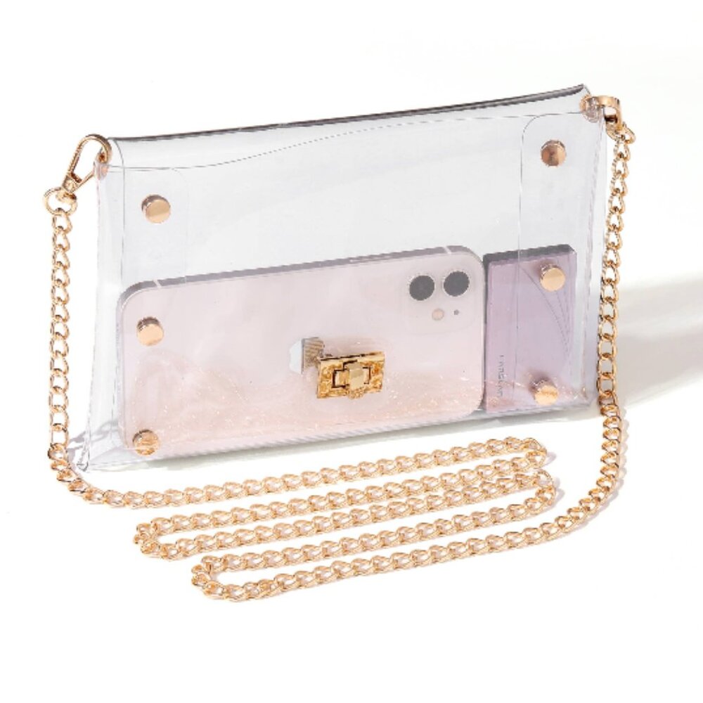 Clear Stadium‑Approved Crossbody – Gold Studded Chain‑Link Strap, NWT
